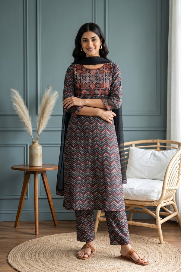 Black Chevron Printed Straight Kurta With Pants and Dupatta Set