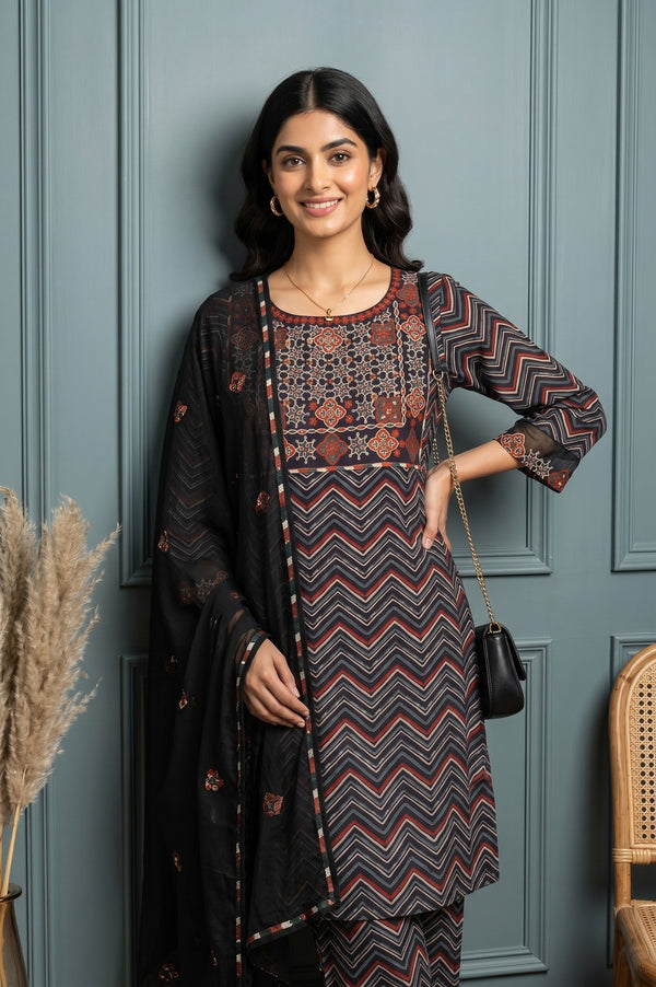 Black Chevron Printed Straight Kurta With Pants and Dupatta Set