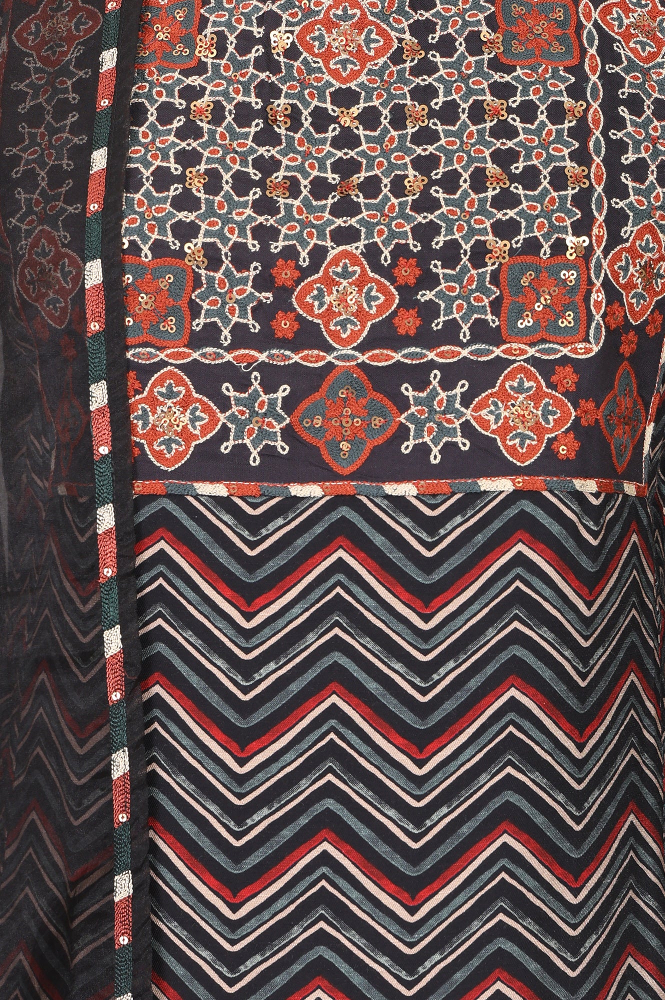 Black Chevron Printed Straight Kurta With Pants and Dupatta Set