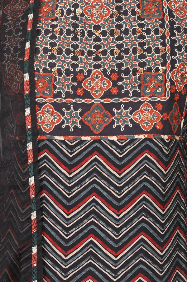 Black Chevron Printed Straight Kurta With Pants and Dupatta Set