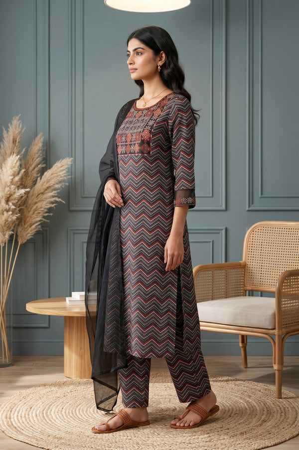 Black Chevron Printed Straight Kurta With Pants and Dupatta Set