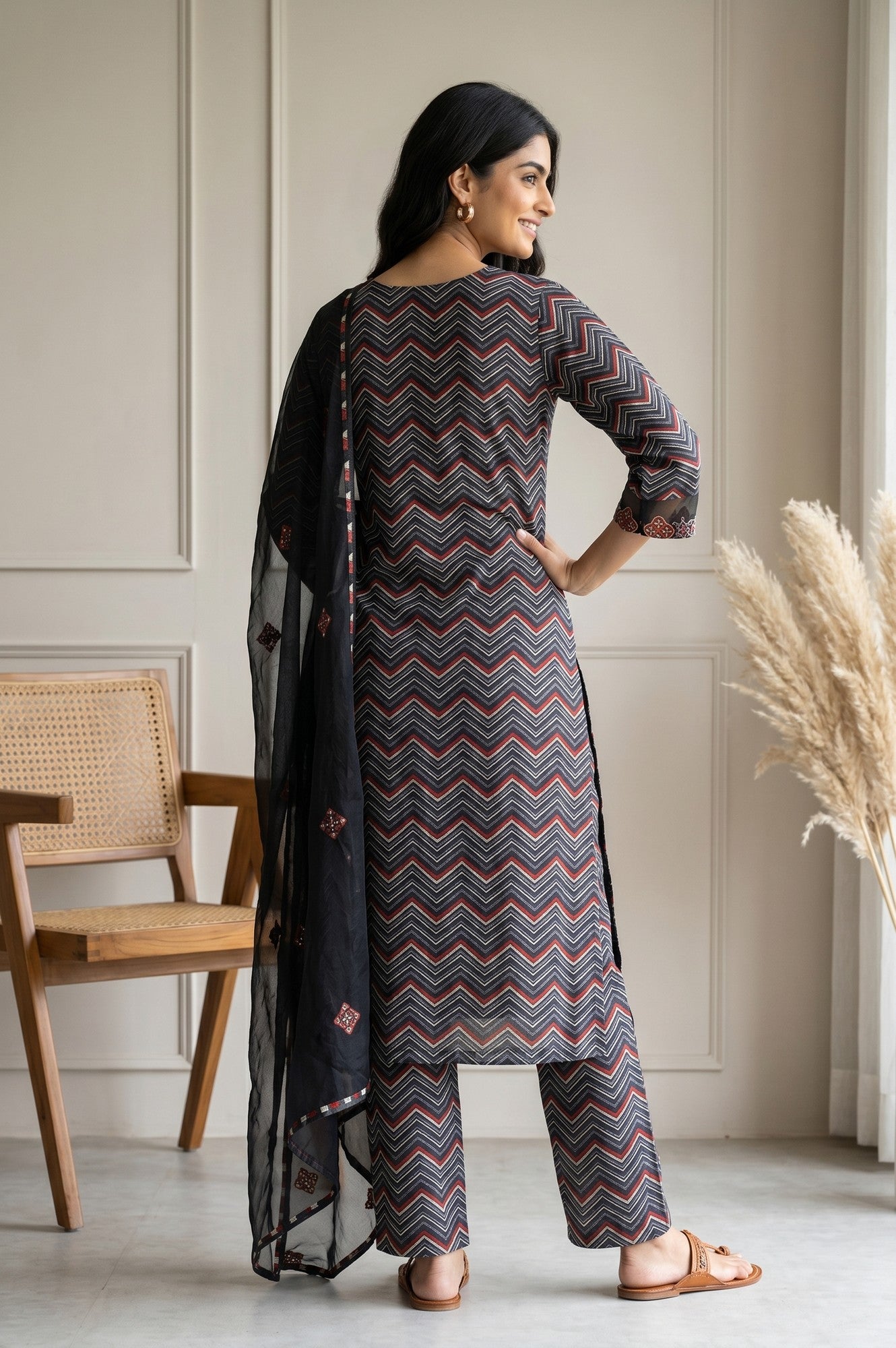 Black Chevron Printed Straight Kurta With Pants and Dupatta Set