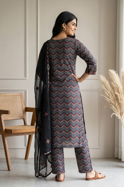 Black Chevron Printed Straight Kurta With Pants and Dupatta Set