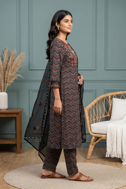 Black Chevron Printed Straight Kurta With Pants and Dupatta Set