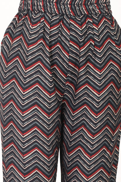 Black Chevron Printed Straight Kurta With Pants and Dupatta Set