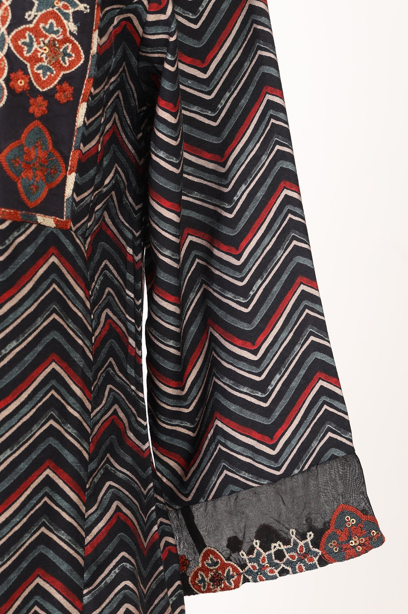 Black Chevron Printed Straight Kurta With Pants and Dupatta Set