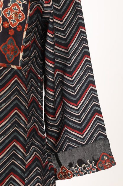 Black Chevron Printed Straight Kurta With Pants and Dupatta Set