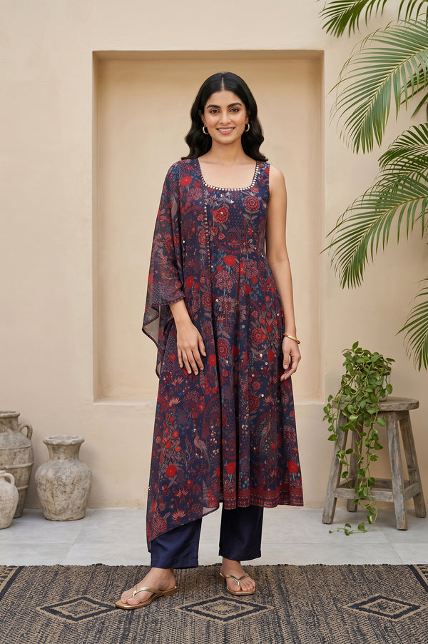 Navy Blue Floral Printed Georgette Flared Kurta With Pants And Dupatta Set