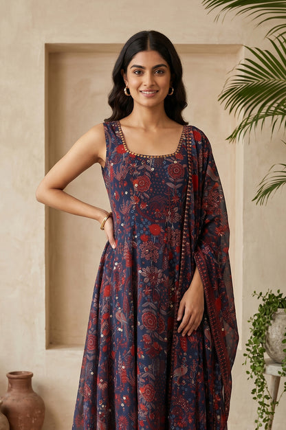 Navy Blue Floral Printed Georgette Flared Kurta With Pants And Dupatta Set