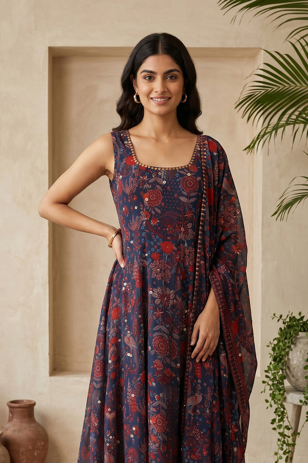 Navy Blue Floral Printed Georgette Flared Kurta With Pants And Dupatta Set