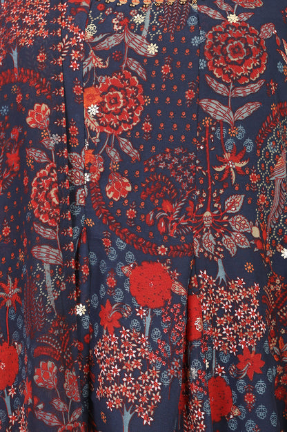 Navy Blue Floral Printed Georgette Flared Kurta With Pants And Dupatta Set