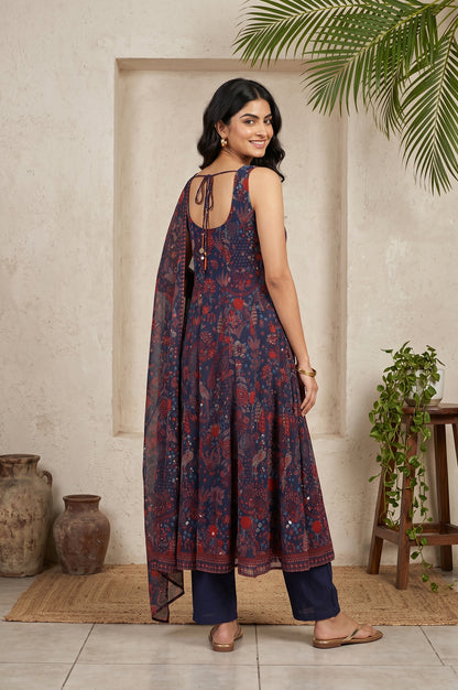 Navy Blue Floral Printed Georgette Flared Kurta With Pants And Dupatta Set