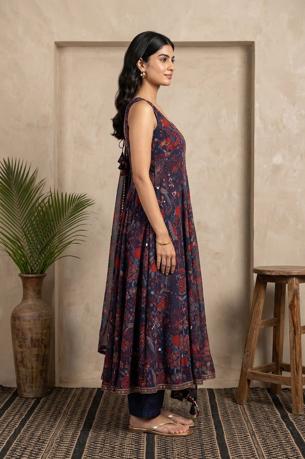 Navy Blue Floral Printed Georgette Flared Kurta With Pants And Dupatta Set