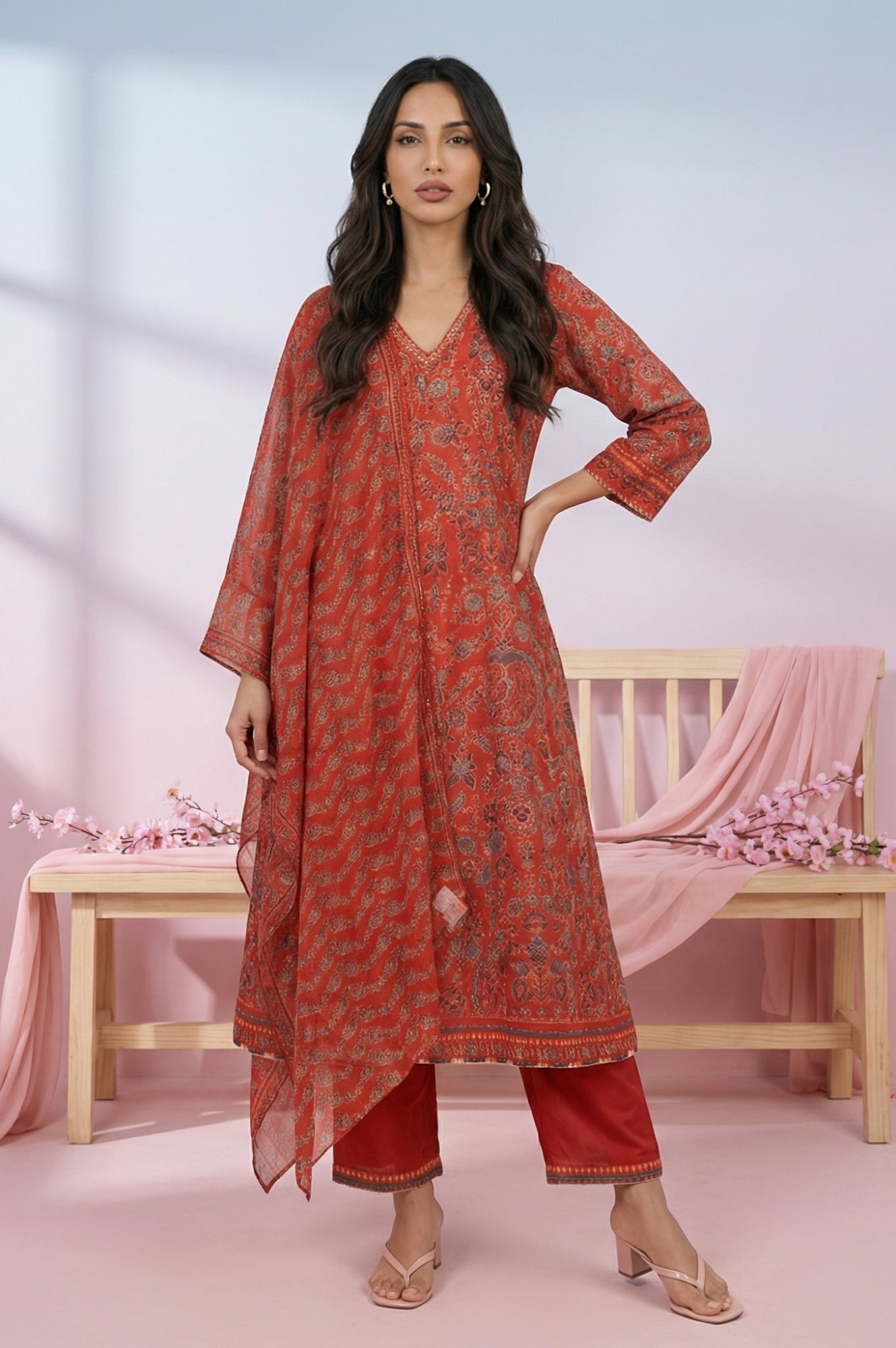 Rust Red Floral Printed Chanderi A-line Kurta with Trousers and Dupatta Set
