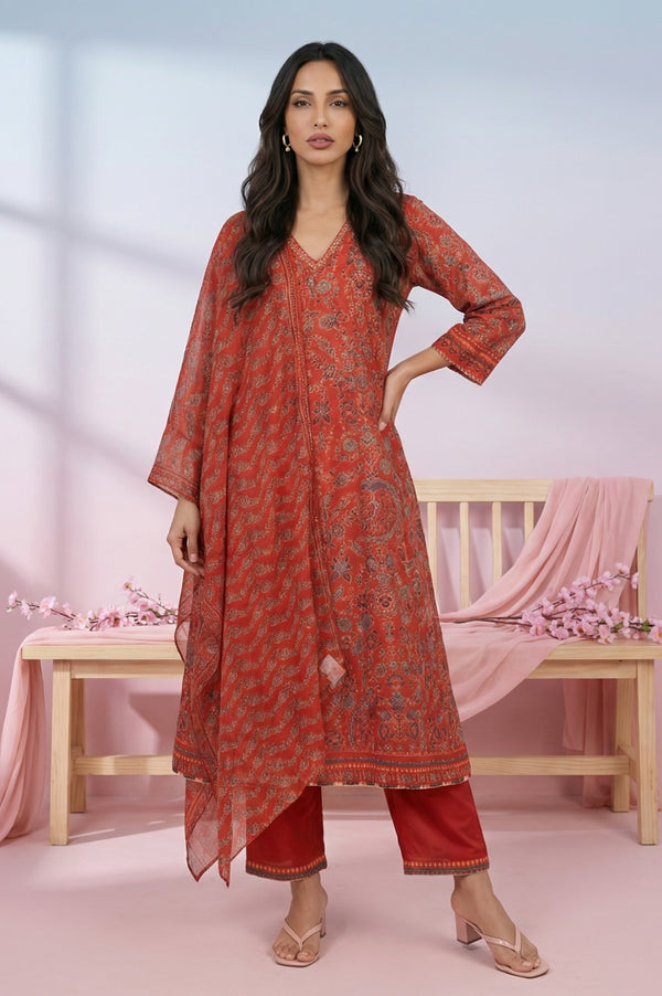 Rust Red Floral Printed Chanderi A-line Kurta with Trousers and Dupatta Set