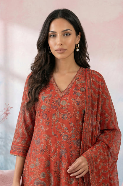 Rust Red Floral Printed Chanderi A-line Kurta with Trousers and Dupatta Set