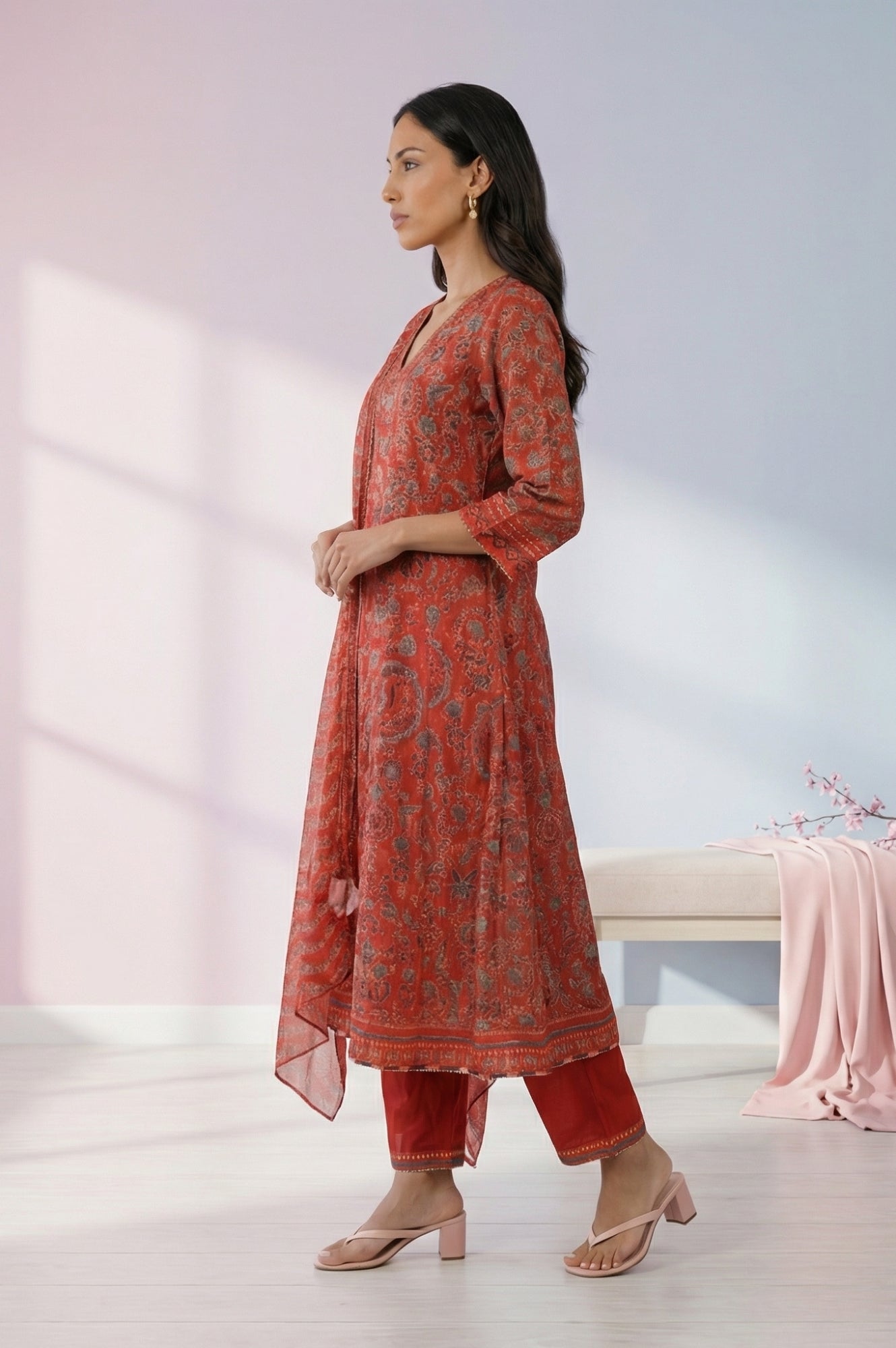 Rust Red Floral Printed Chanderi A-line Kurta with Trousers and Dupatta Set
