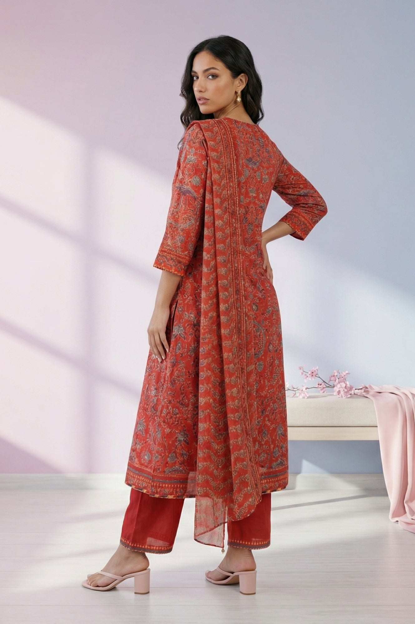 Rust Red Floral Printed Chanderi A-line Kurta with Trousers and Dupatta Set