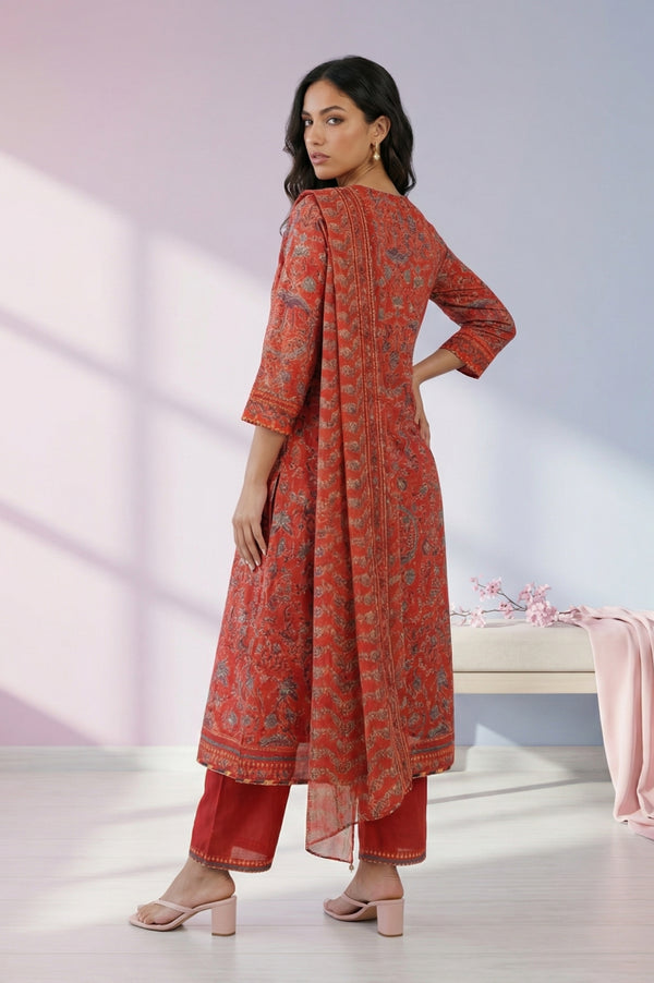 Rust Red Floral Printed Chanderi A-line Kurta with Trousers and Dupatta Set