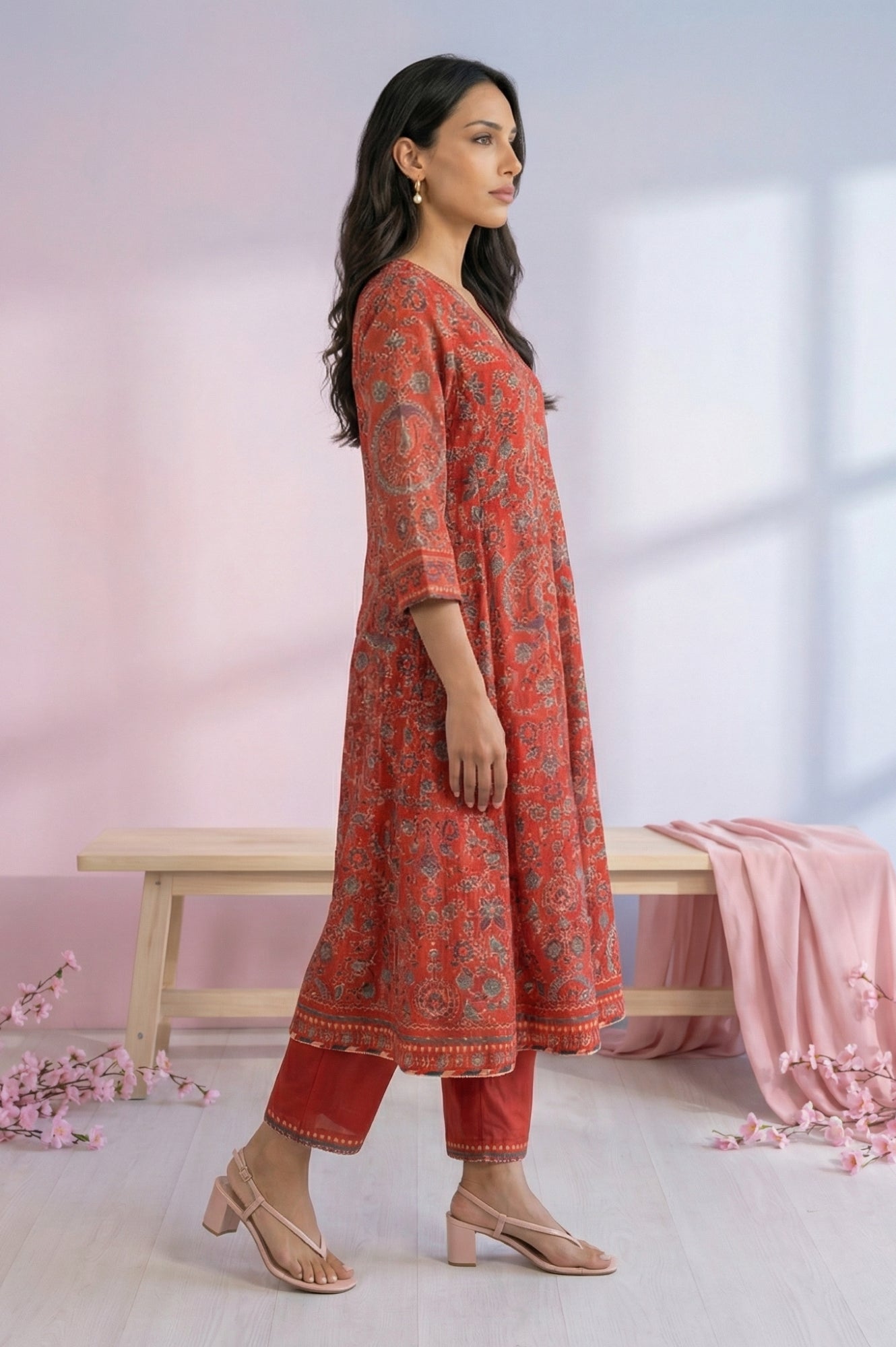 Rust Red Floral Printed Chanderi A-line Kurta with Trousers and Dupatta Set