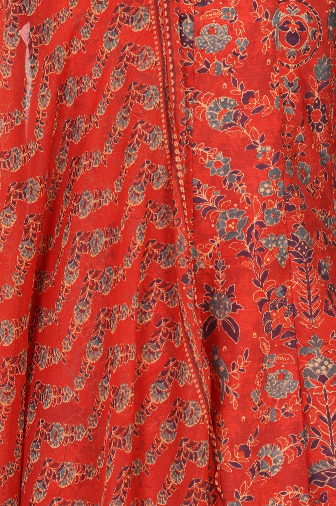 Rust Red Floral Printed Chanderi A-line Kurta with Trousers and Dupatta Set