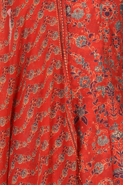 Rust Red Floral Printed Chanderi A-line Kurta with Trousers and Dupatta Set