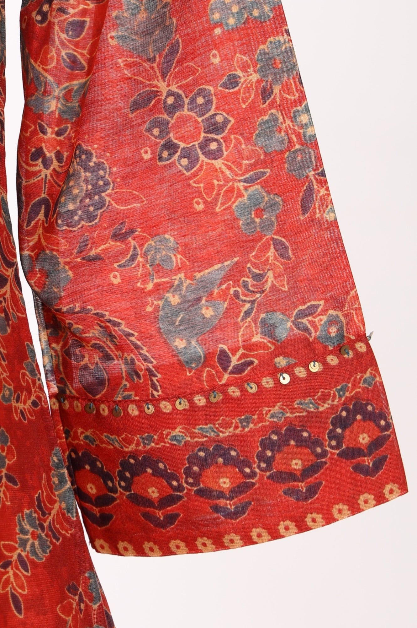 Rust Red Floral Printed Chanderi A-line Kurta with Trousers and Dupatta Set