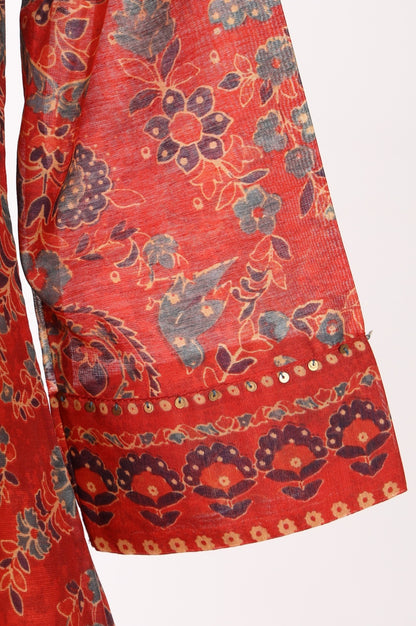 Rust Red Floral Printed Chanderi A-line Kurta with Trousers and Dupatta Set