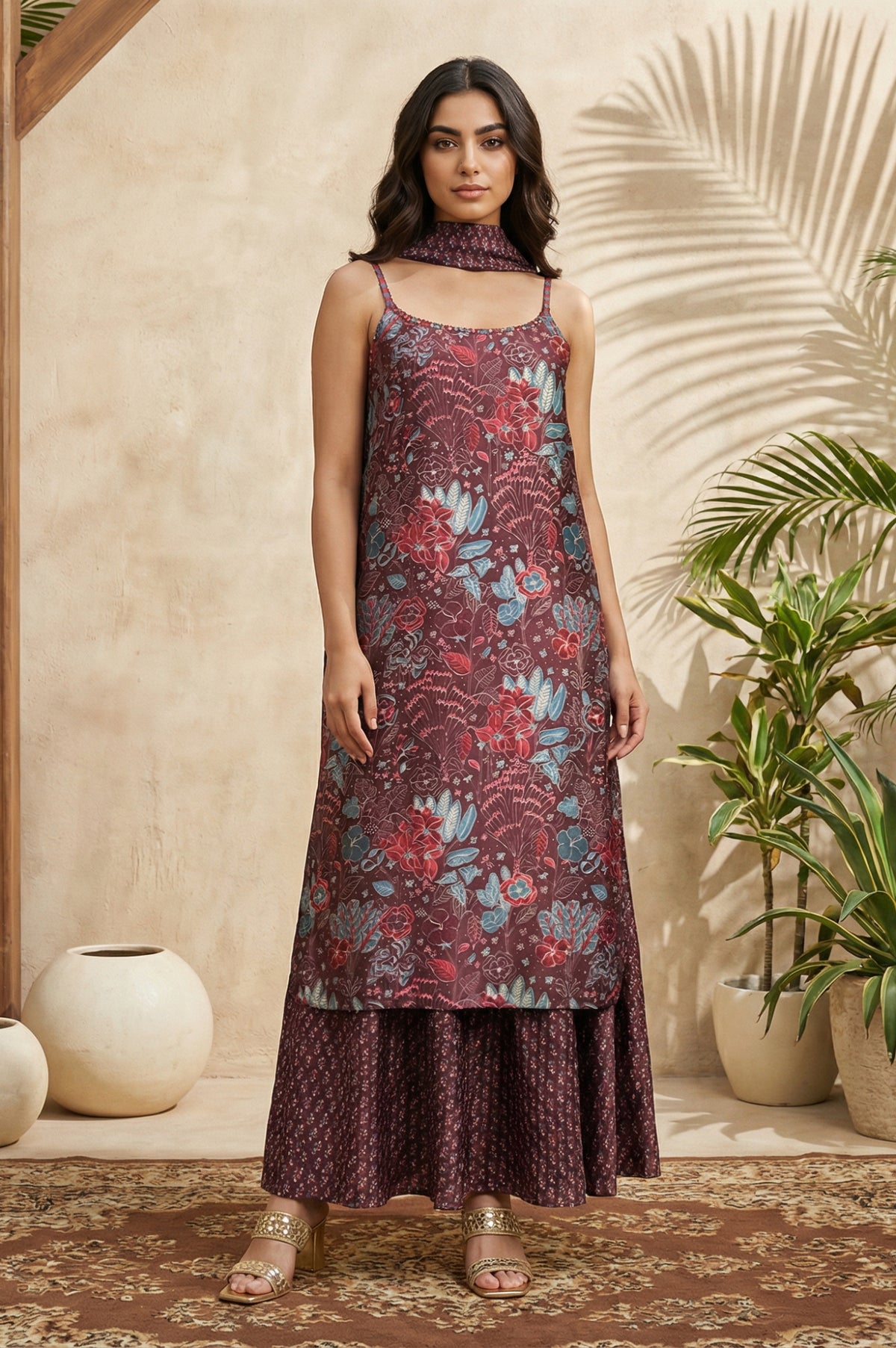 Maroon Floral Printed Japanese Satin A-line Kurta with Sharara and Dupatta Set - XS