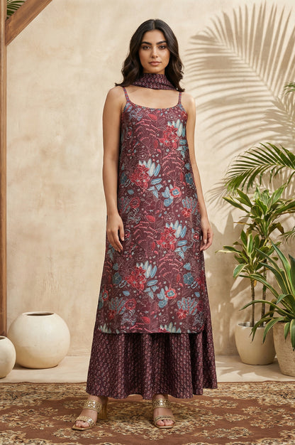 Maroon Floral Printed Japanese Satin A-line Kurta with Sharara and Dupatta Set