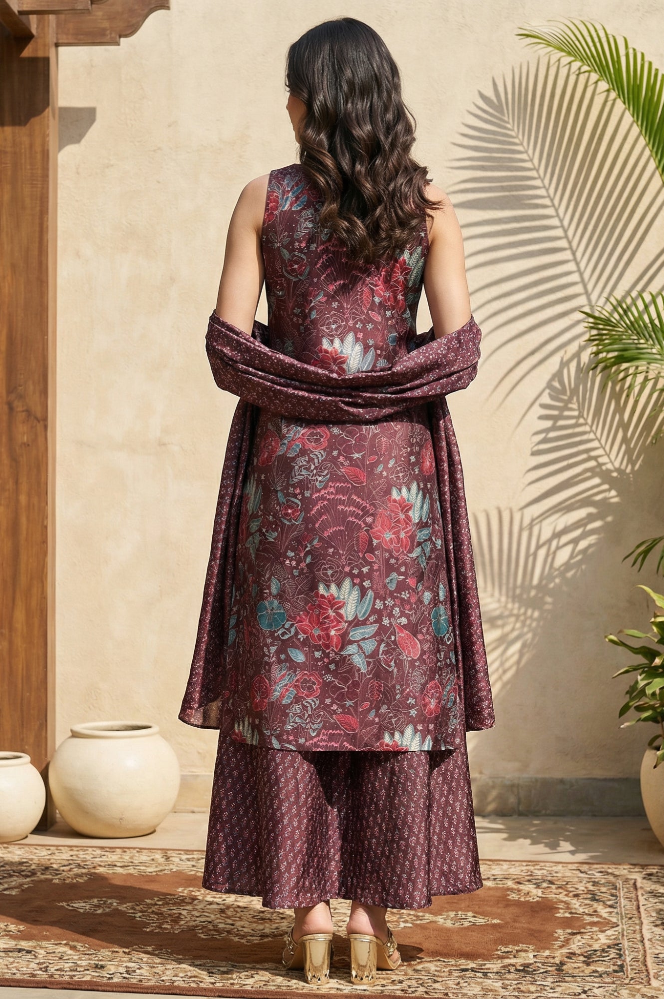 Maroon Floral Printed Japanese Satin A-line Kurta sharara set for women