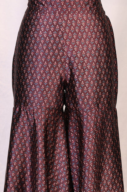 Maroon Floral Printed Japanese Satin A-line Kurta with Sharara and Dupatta Set