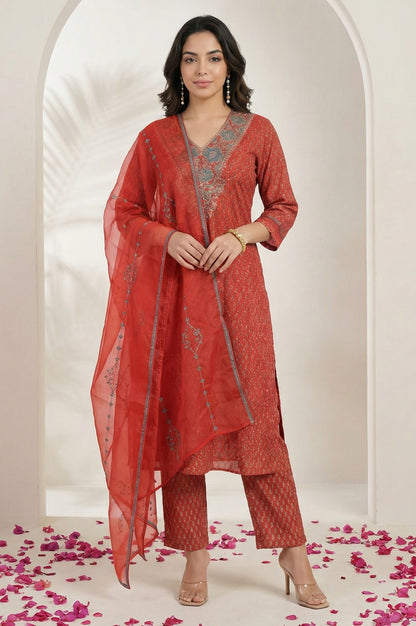 Red Floral Printed Sequins Chanderi Straight Kurta with Straight Pants and Dupatta Set