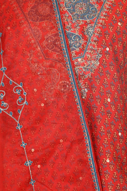Red Floral Printed Sequins Chanderi Straight Kurta with Straight Pants and Dupatta Set
