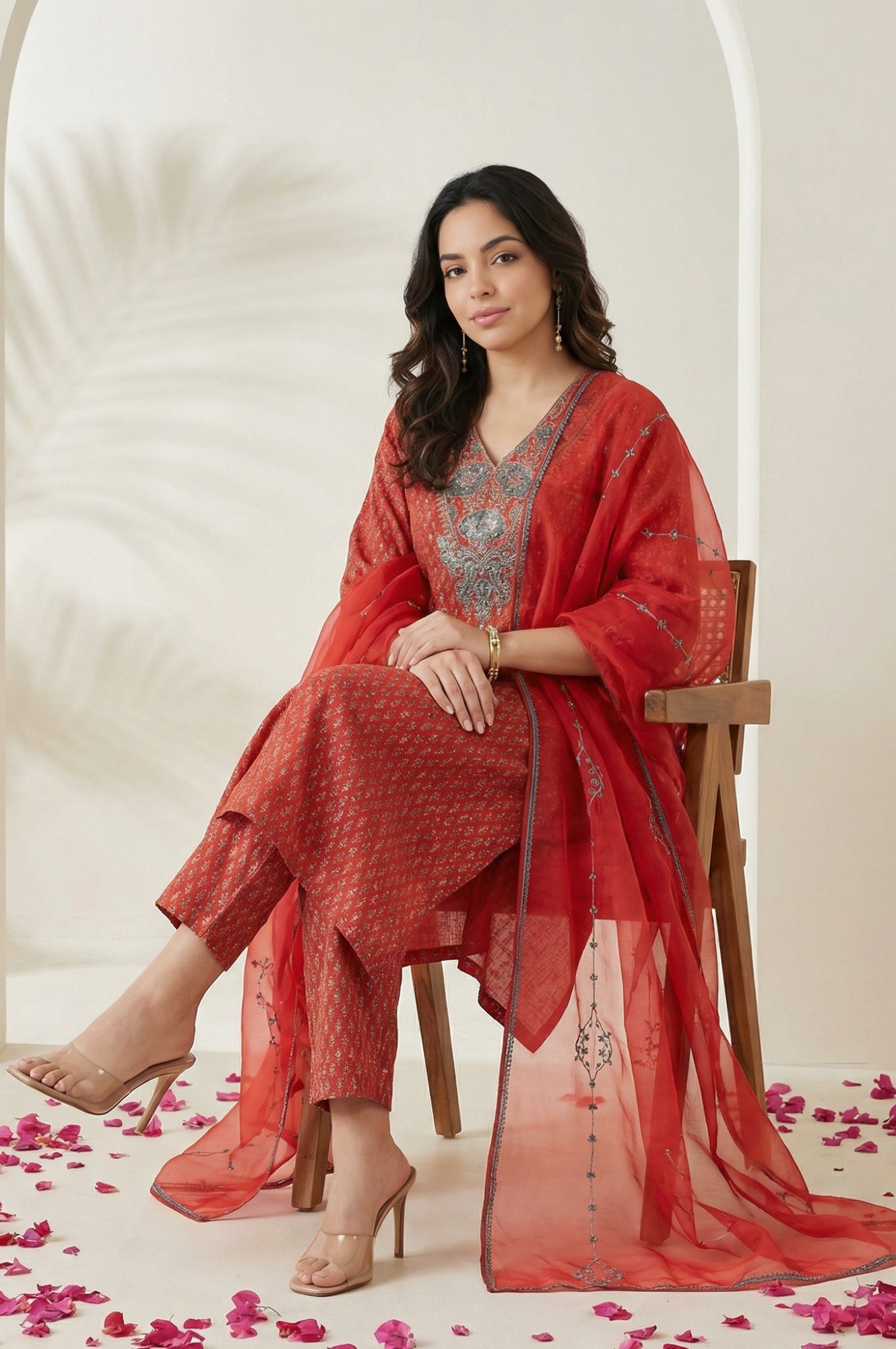 Red Floral Printed Sequins Chanderi Straight Kurta with Straight Pants and Dupatta Set