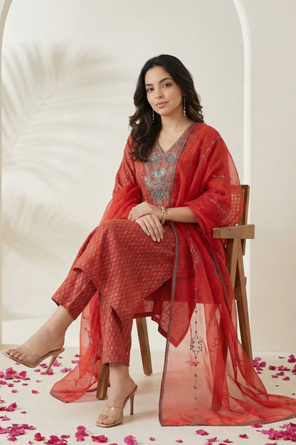 Red Floral Printed Sequins Chanderi Straight Kurta with Straight Pants and Dupatta Set