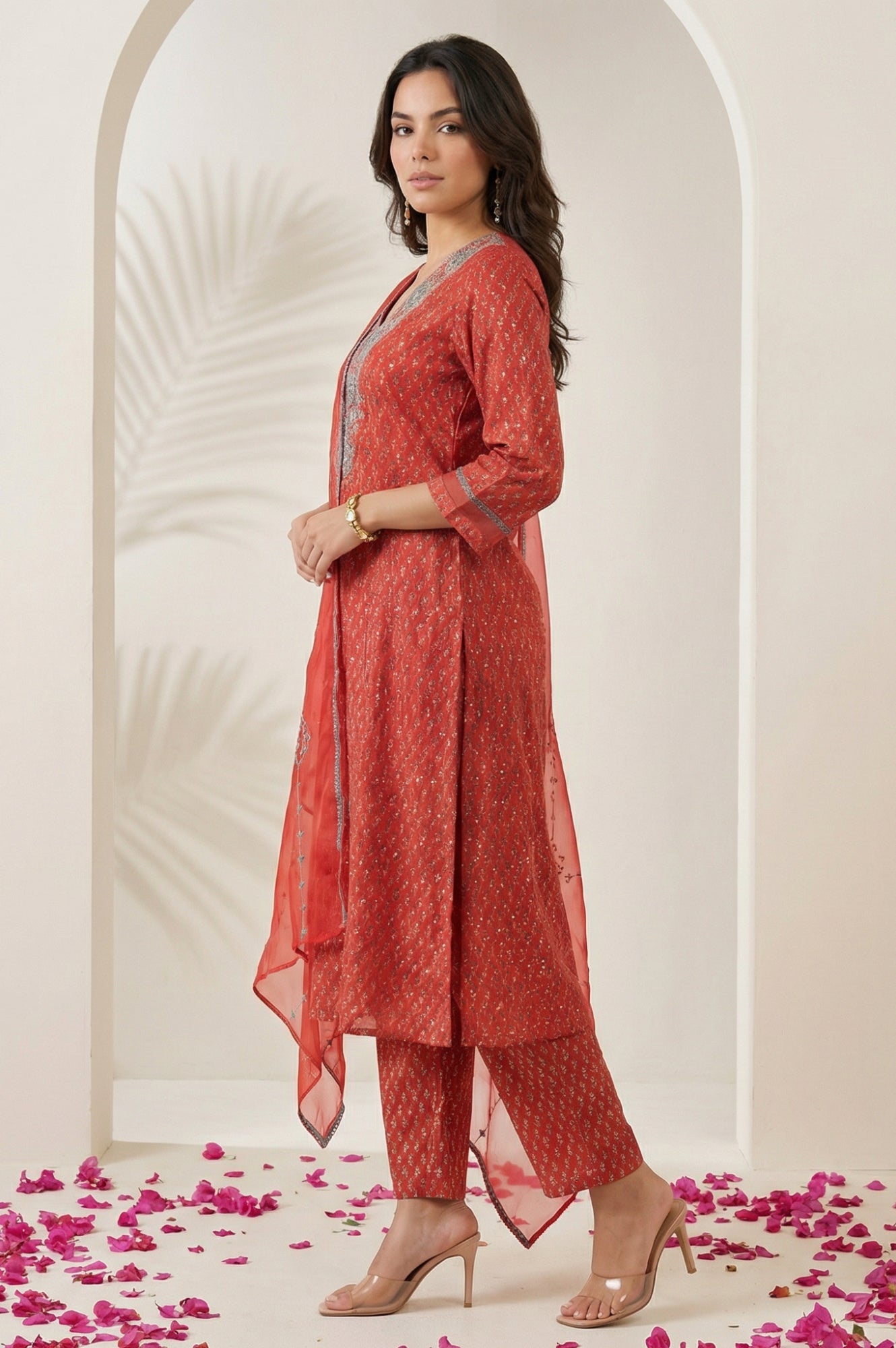 Red Floral Printed Sequins Chanderi Straight Kurta with Straight Pants and Dupatta Set