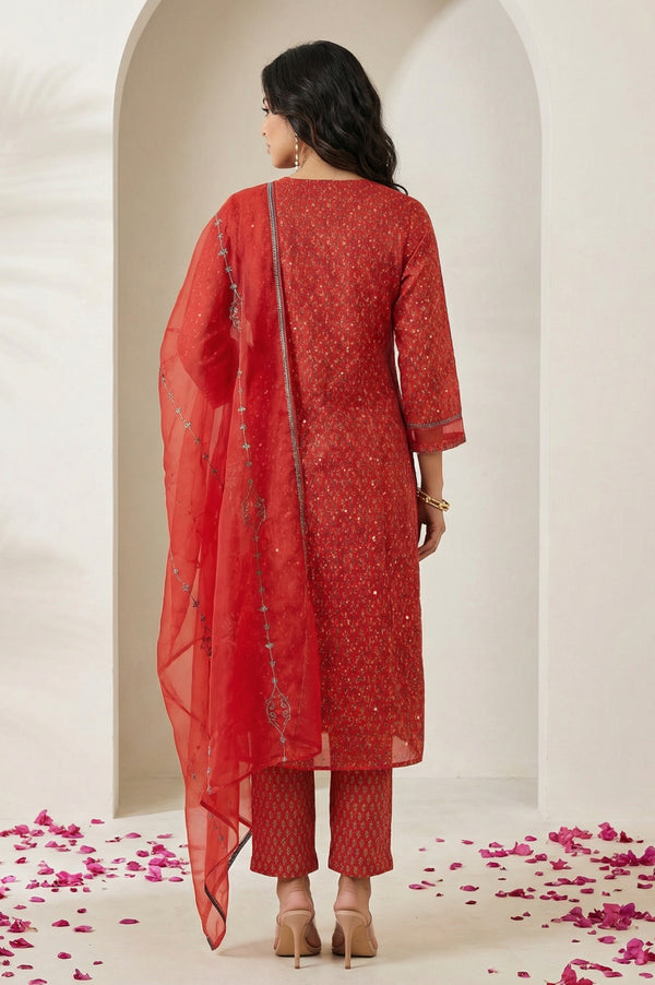 Red Floral Printed Sequins Chanderi Straight Kurta with Straight Pants and Dupatta Set