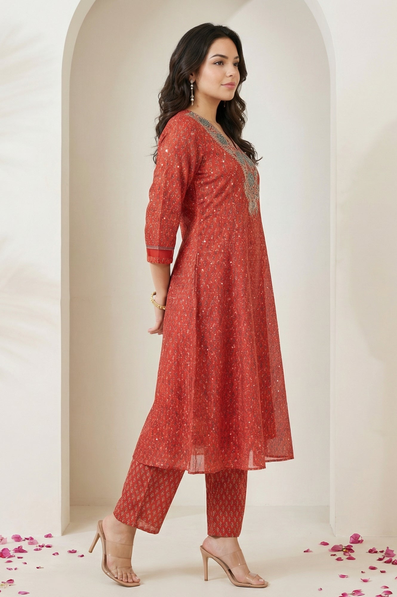 Red Floral Printed Sequins Chanderi Straight Kurta with Straight Pants and Dupatta Set