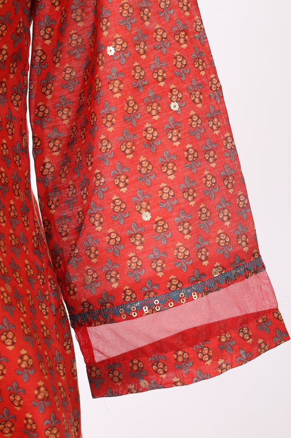 Red Floral Printed Sequins Chanderi Straight Kurta with Straight Pants and Dupatta Set