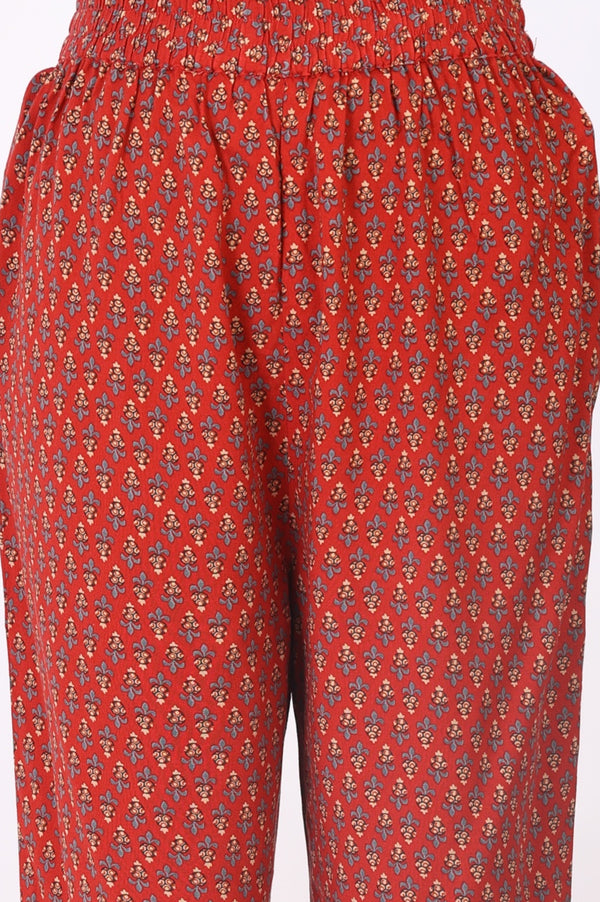 Red Floral Printed Sequins Chanderi Straight Kurta with Straight Pants and Dupatta Set