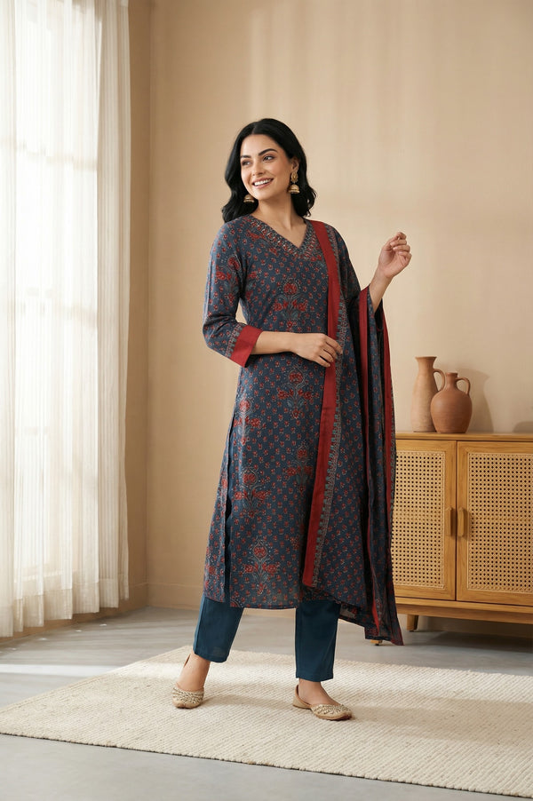 Blue Floral Printed Crepe Straight Kurta with Pants and Dupatta Set