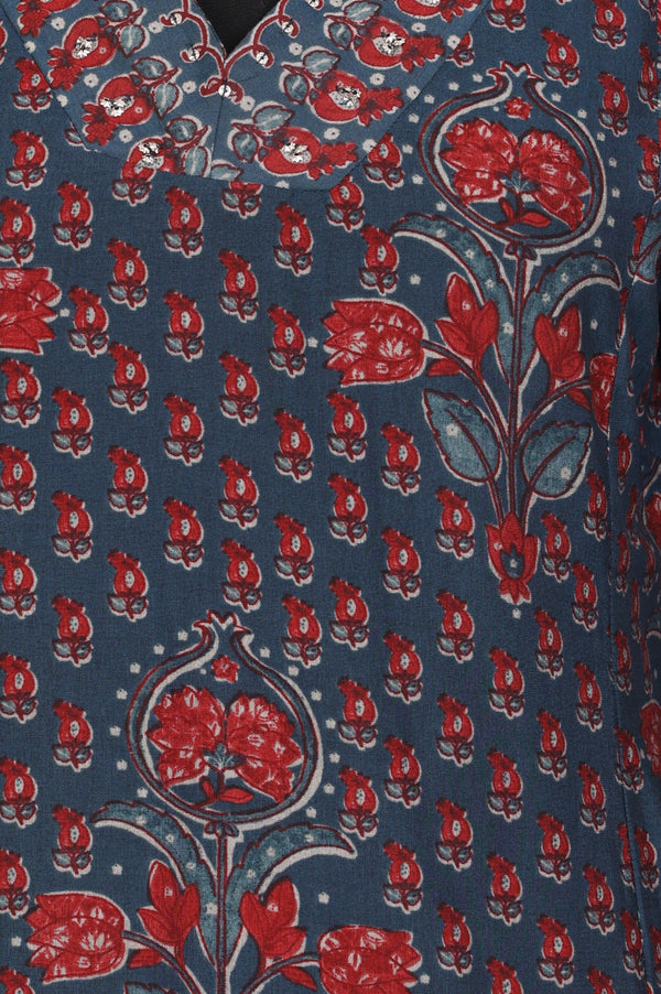 Blue Floral Printed Crepe Straight Kurta with Pants and Dupatta Set