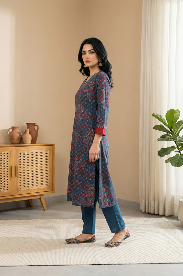 Blue Floral Printed Crepe Straight Kurta with Pants and Dupatta Set