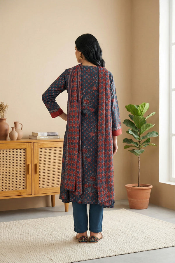Blue Floral Printed Crepe Straight Kurta with Pants and Dupatta Set