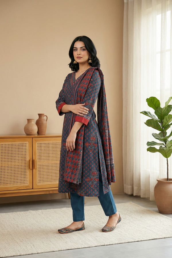 Blue Floral Printed Crepe Straight Kurta with Pants and Dupatta Set