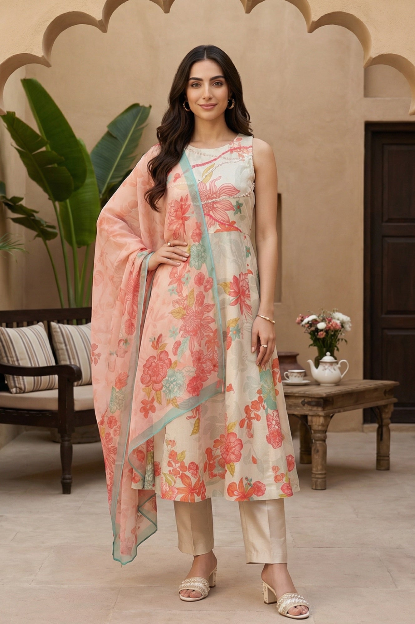 Cream Floral Printed Tissue Crepe Sleeveless Anarkali Kurta with Straight Pants and Dupatta Set