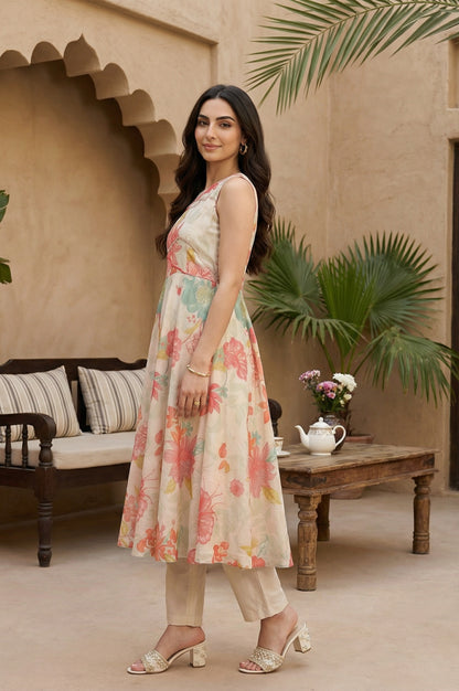 Cream Floral Printed Tissue Crepe Sleeveless Anarkali Kurta with Straight Pants and Dupatta Set