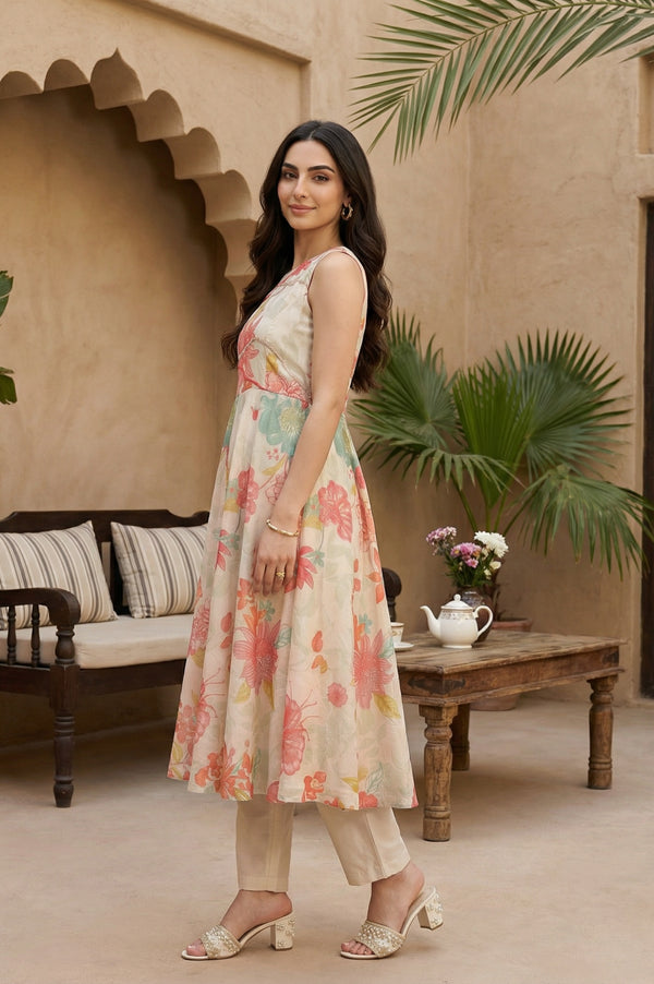 Cream Floral Printed Tissue Crepe Sleeveless Anarkali Kurta with Straight Pants and Dupatta Set