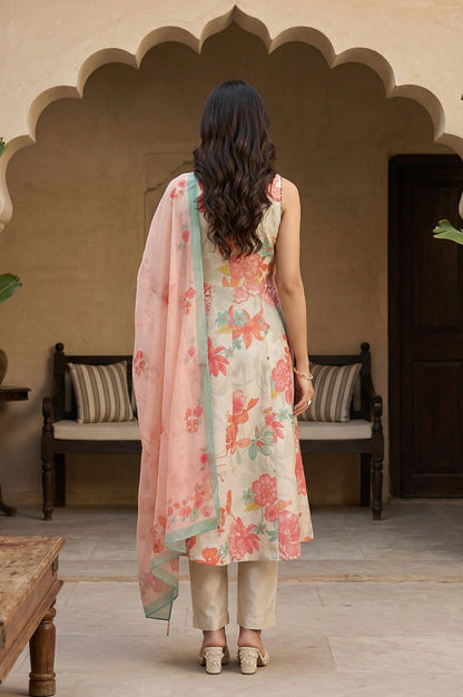 Cream Floral Printed Tissue Crepe Sleeveless Anarkali Kurta with Straight Pants and Dupatta Set